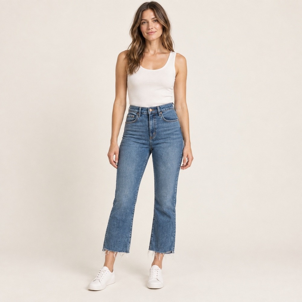 LOFT The Kick Crop Jeans Women 10/30 Blue Medium Wash Raw Hem High Rise Denim
